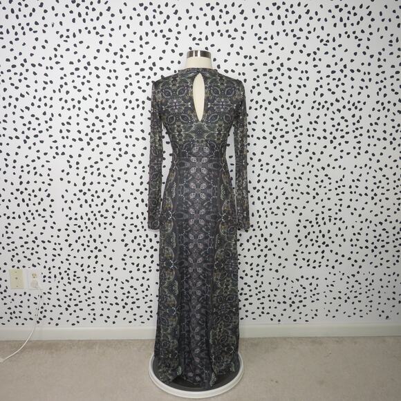 Free People Cabaret Long Sleeve Gray Boho Printed Keyhole Maxi Dress - Picture 7 of 12